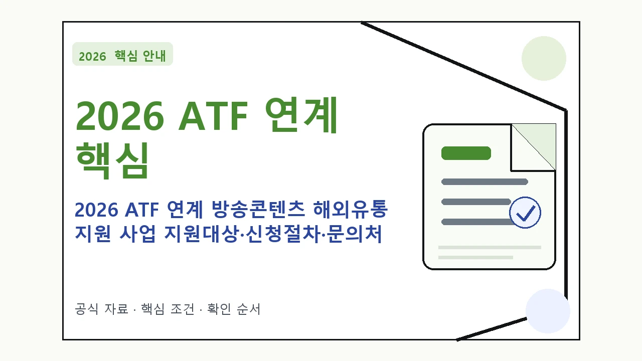 2026 ATF 연계 방송콘텐츠 해외유통 지원 사업 지원대상·신청절차·문의처 핵심 기준을 정리한 안내형 대표 이미지