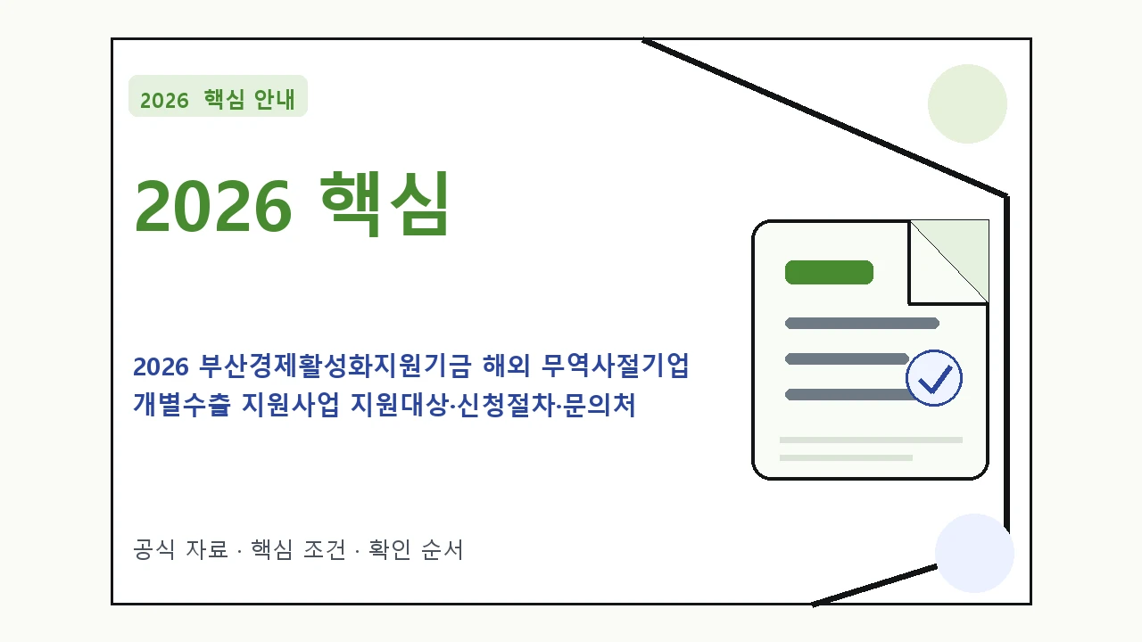 2026 부산경제활성화지원기금 해외 무역사절기업 개별수출 지원사업 지원대상·신청절차·문의처 핵심 기준을 정리한 안내형 대표 이미지