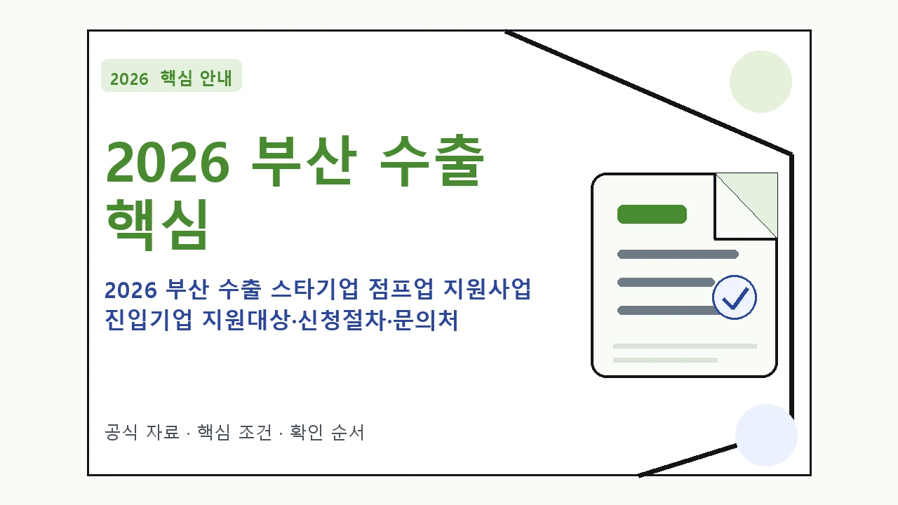 2026 부산 수출 스타기업 점프업 지원사업 진입기업 지원대상·신청절차·문의처 핵심 기준을 정리한 안내형 대표 이미지