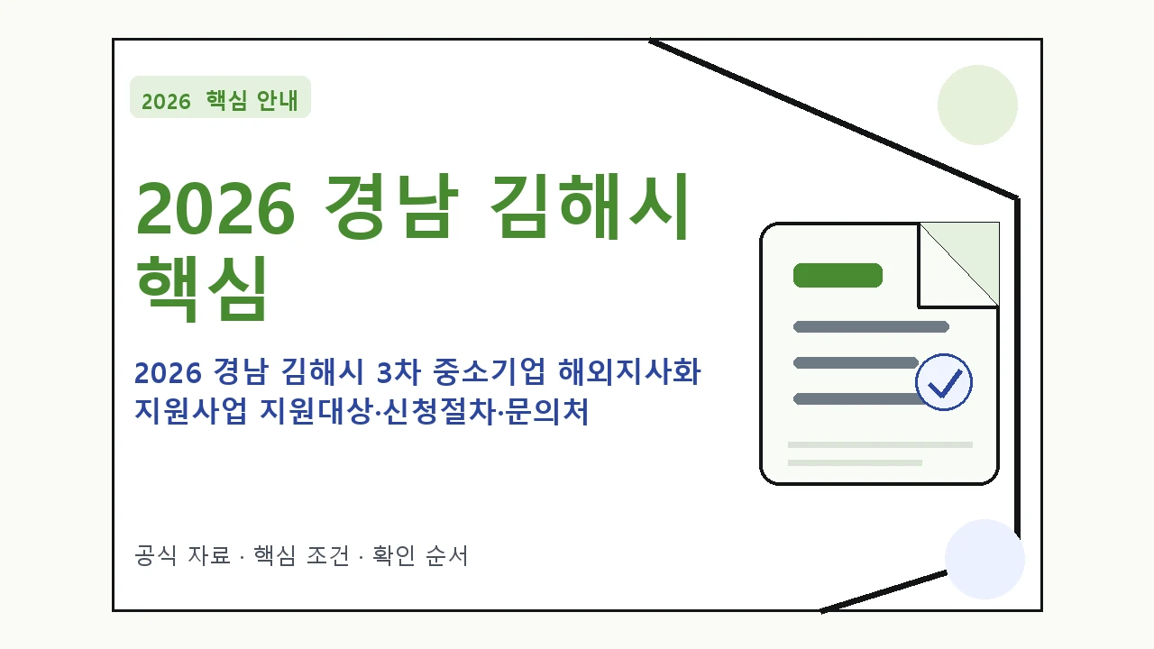 2026 경남 김해시 3차 중소기업 해외지사화 지원사업 지원대상·신청절차·문의처 핵심 기준을 정리한 안내형 대표 이미지