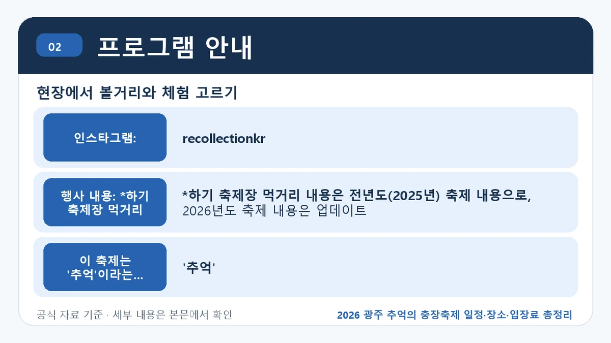 2026 광주 추억의 충장축제 일정·장소·입장료 총정리 프로그램 안내 핵심 정보를 정리한 안내 이미지