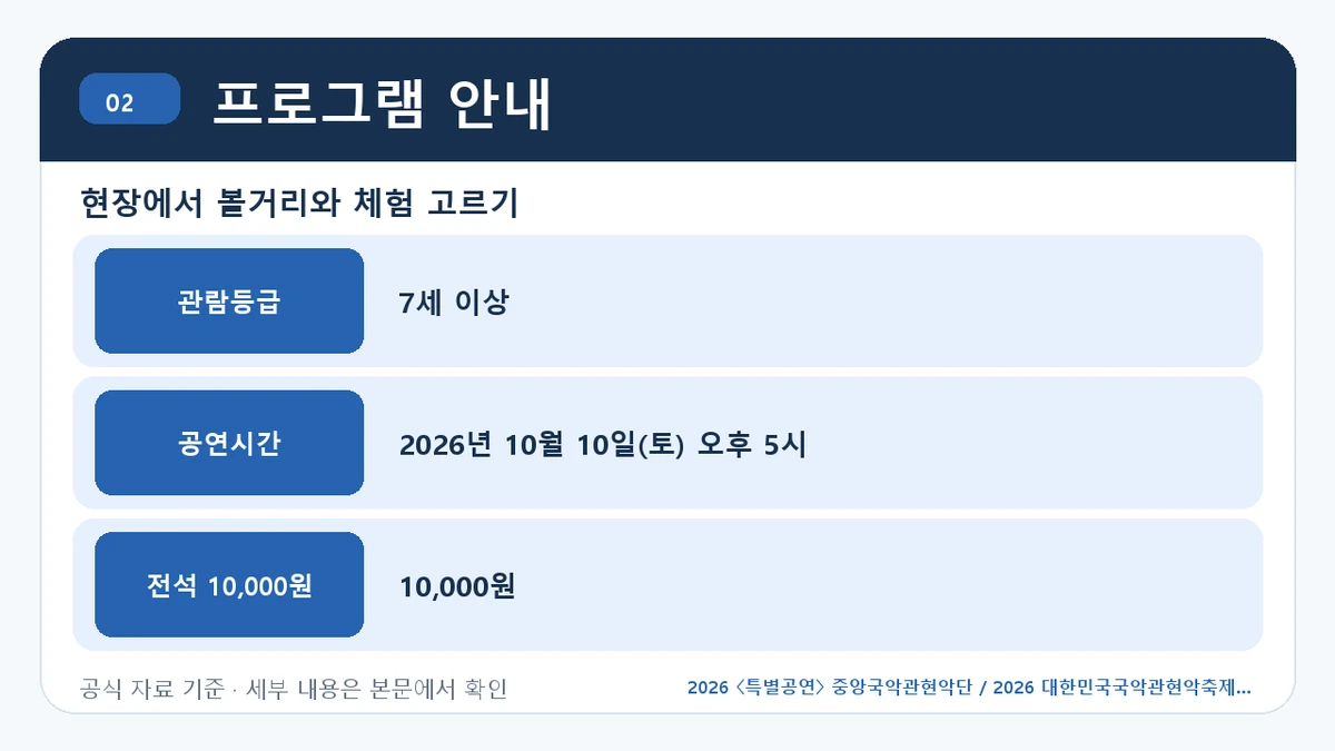 2026 〈특별공연〉 중앙국악관현악단 / 2026 대한민국국악관현악축제 예매 방법·관람일정·좌석 가격 프로그램 안내 핵심 정보를 정리한 안내 이미지