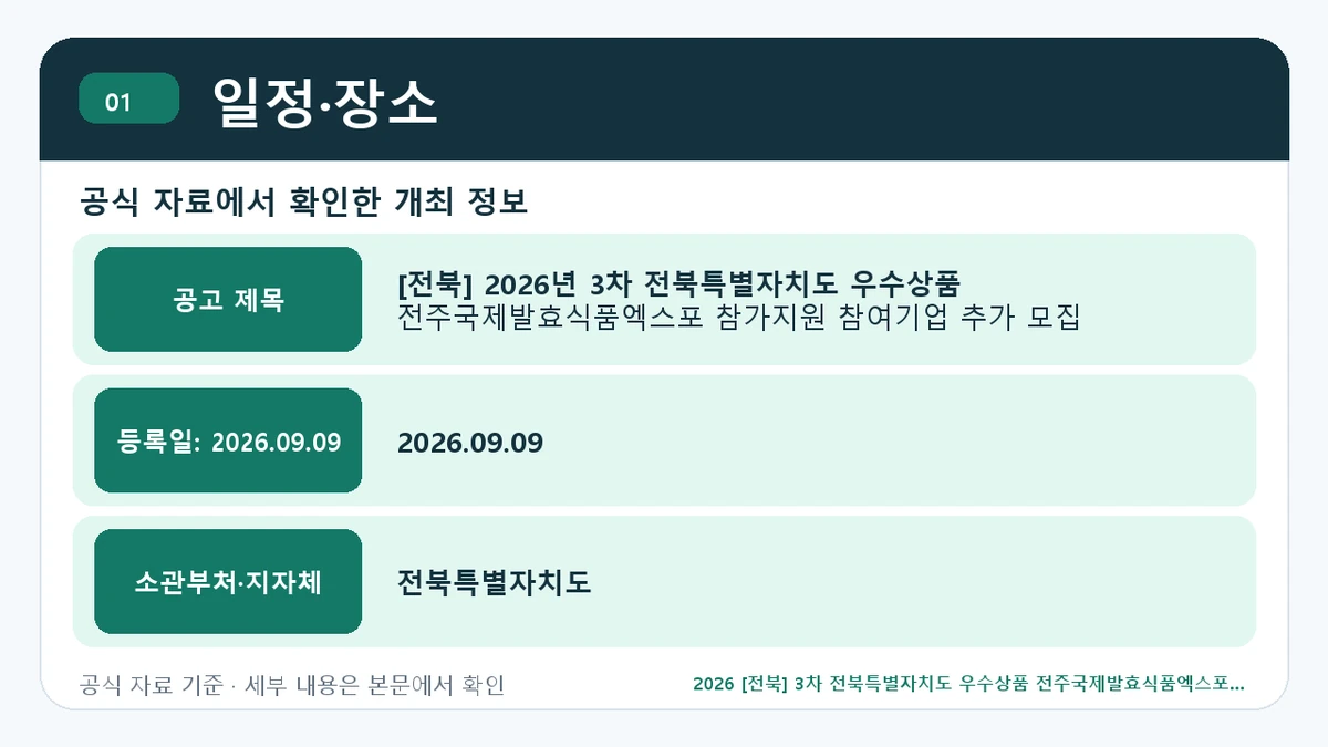 2026 [전북] 3차 전북특별자치도 우수상품 전주국제발효식품엑스포 참가지원 지원대상·신청절차·문의처 일정·장소 핵심 정보를 정리한 안내 이미지